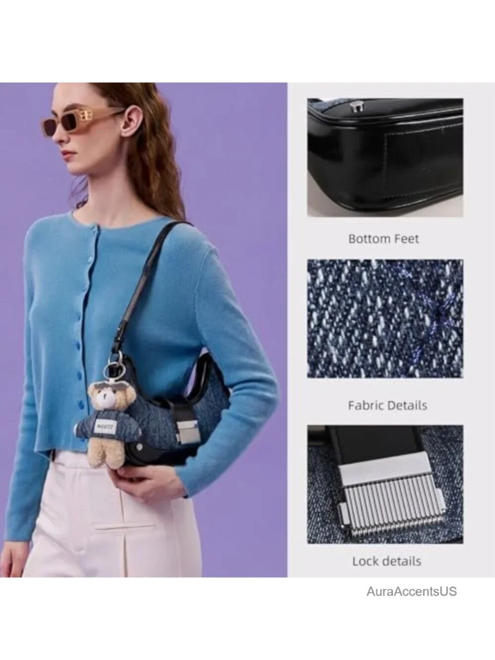 Denim & Leather Patchwork Shoulder Bag Vintage Satchel with Bear Charm